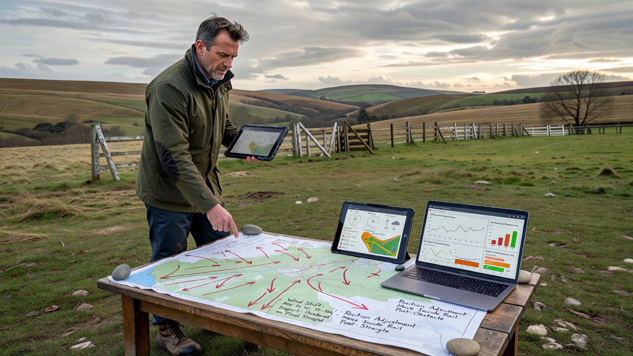 Aerial view of wind patterns across exposed downs during a national hunt race meeting