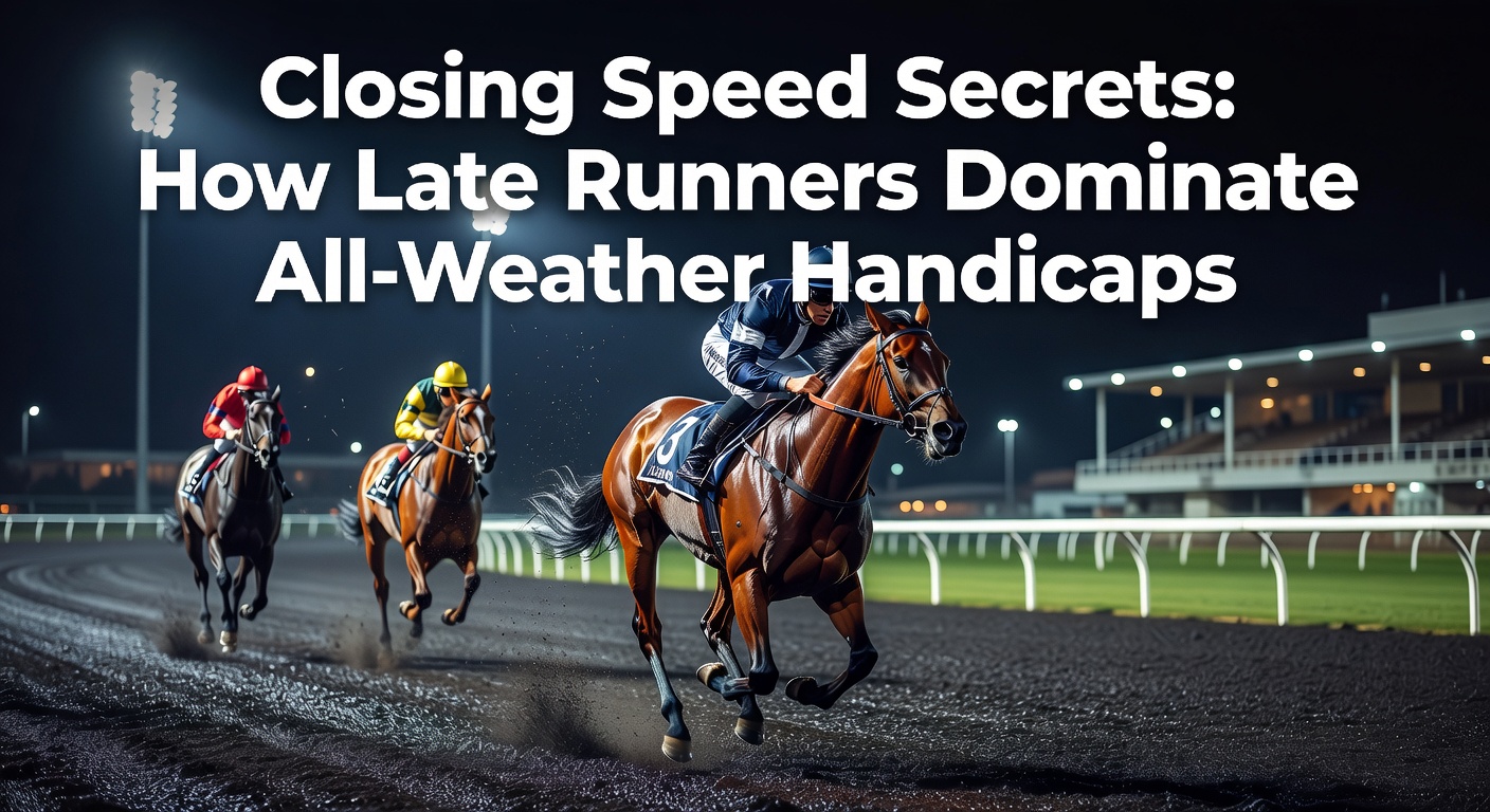 A late runner surges past the field on an all-weather track during a handicap race, kicking up synthetic surface in a dramatic finish