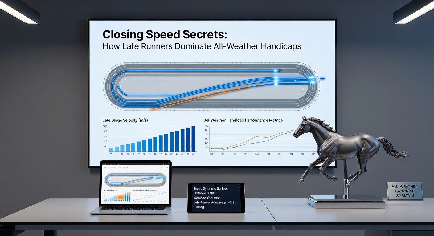 Close-up of a jockey urging a late runner forward on synthetic track, with the pack strung out ahead in a handicap thriller