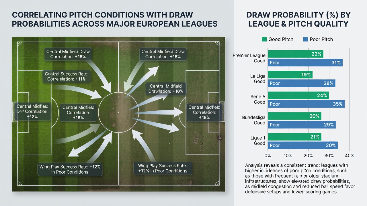 Comparative bar chart of draw probabilities by pitch type across five major European leagues
