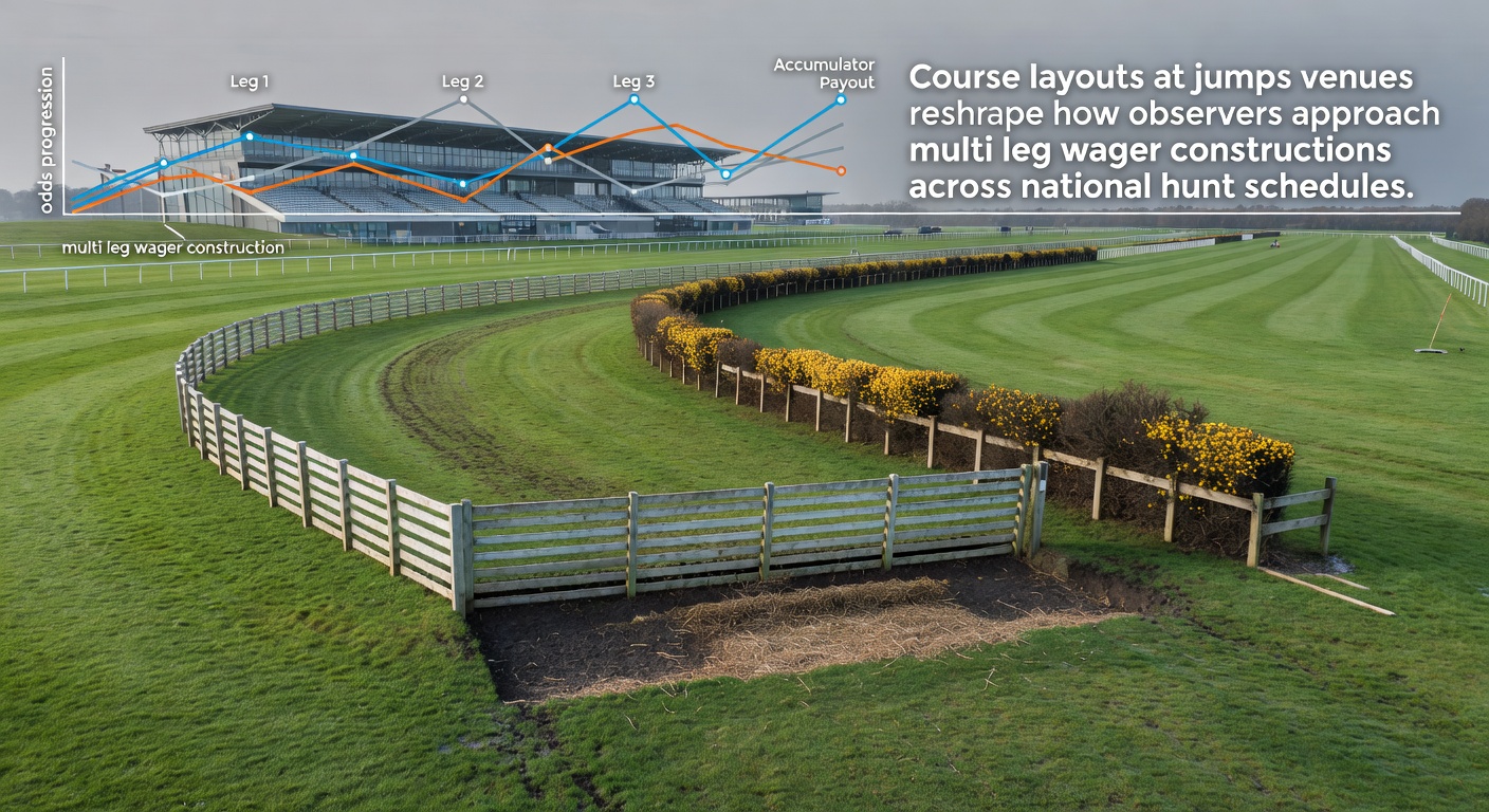 Aerial view of a National Hunt jumps course showing fence placements and track bends that influence multi-leg betting selections