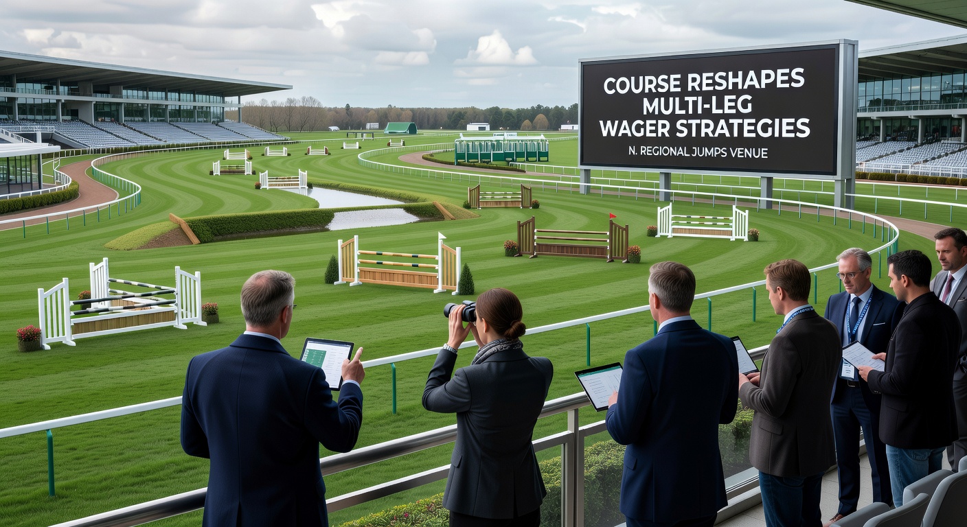 Close-up of National Hunt fences and runners navigating a bend, illustrating layout factors that affect accumulator planning