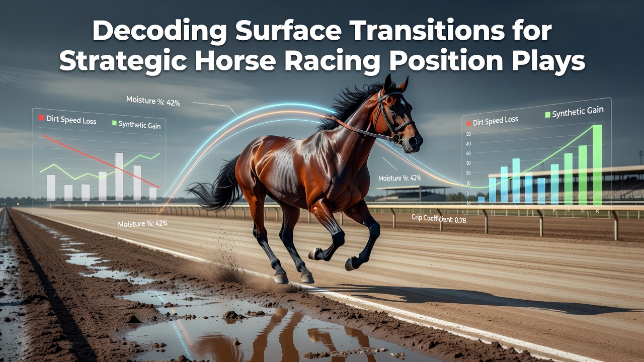 Horse racing track showing transition between turf and synthetic surfaces with positioned runners