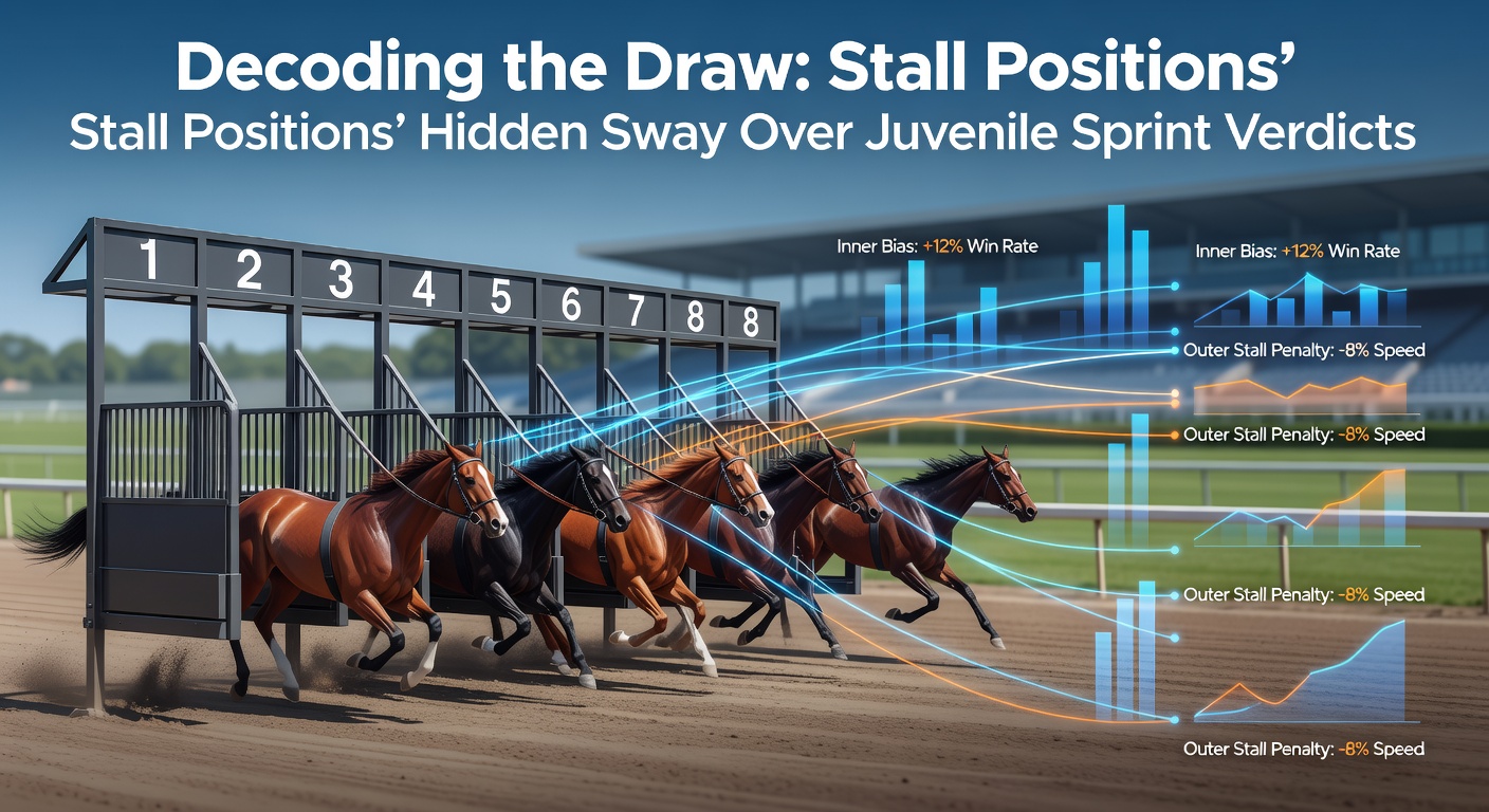 A cluster of juvenile horses bursting from the stalls in a high-speed 5-furlong sprint, with low-numbered stalls gaining an early edge on a straight track