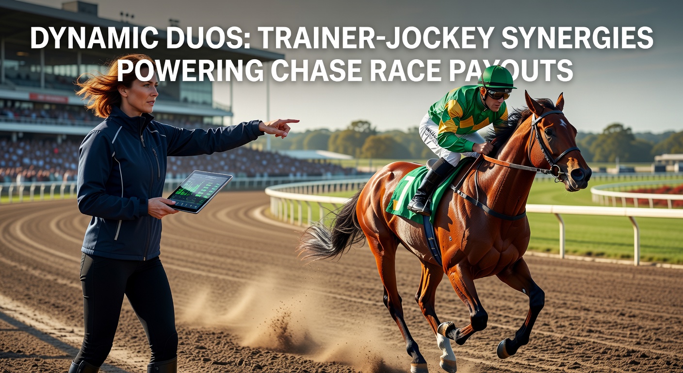 A trainer and jockey discussing strategy beside a racehorse in the paddock before a steeplechase event, highlighting their close partnership