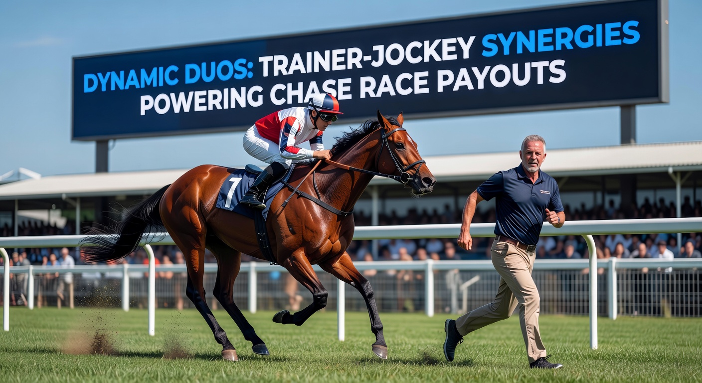 Jockey guiding a horse over a steeplechase fence mid-race, capturing the intensity and precision of trainer-jockey execution under pressure