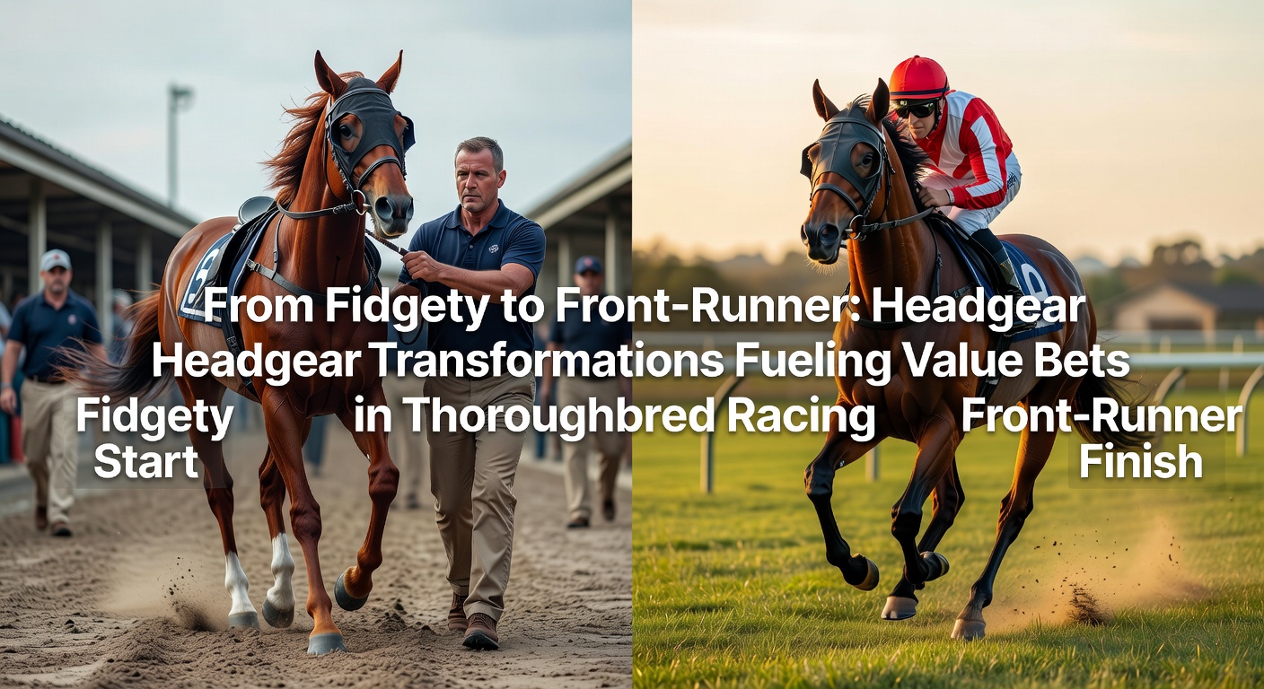 A thoroughbred horse wearing blinkers charges down the straight, head focused intently on the track ahead