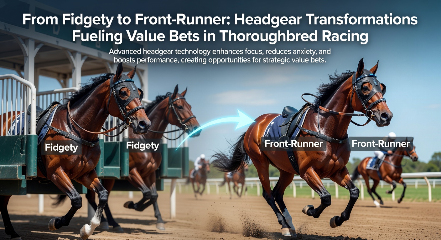 Close-up of a jockey adjusting a horse's visor in the paddock, with the animal now calm and attentive before the race