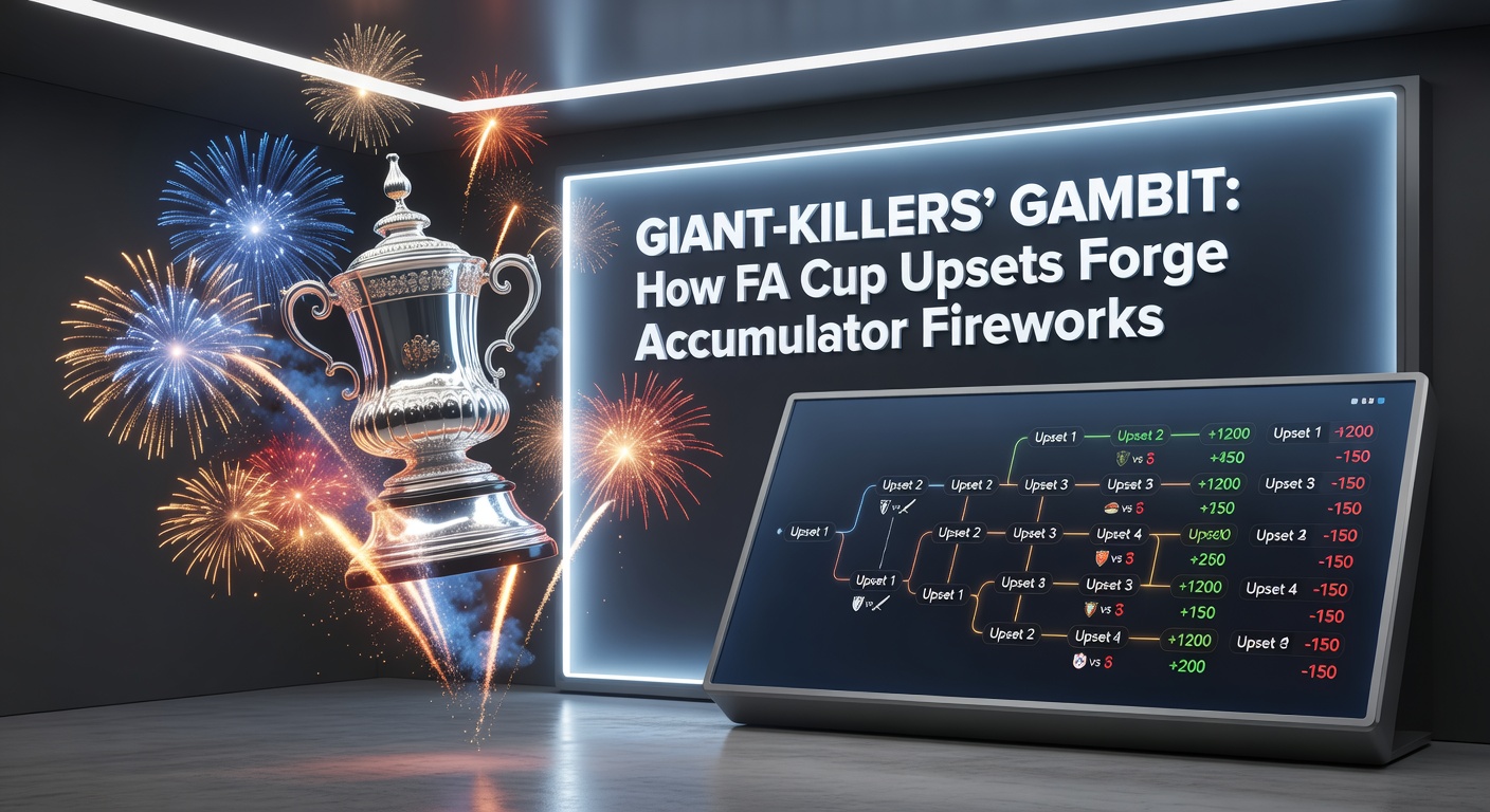 Vibrant FA Cup match scene showing underdog team celebrating a shock goal against a Premier League giant, crowd in frenzy