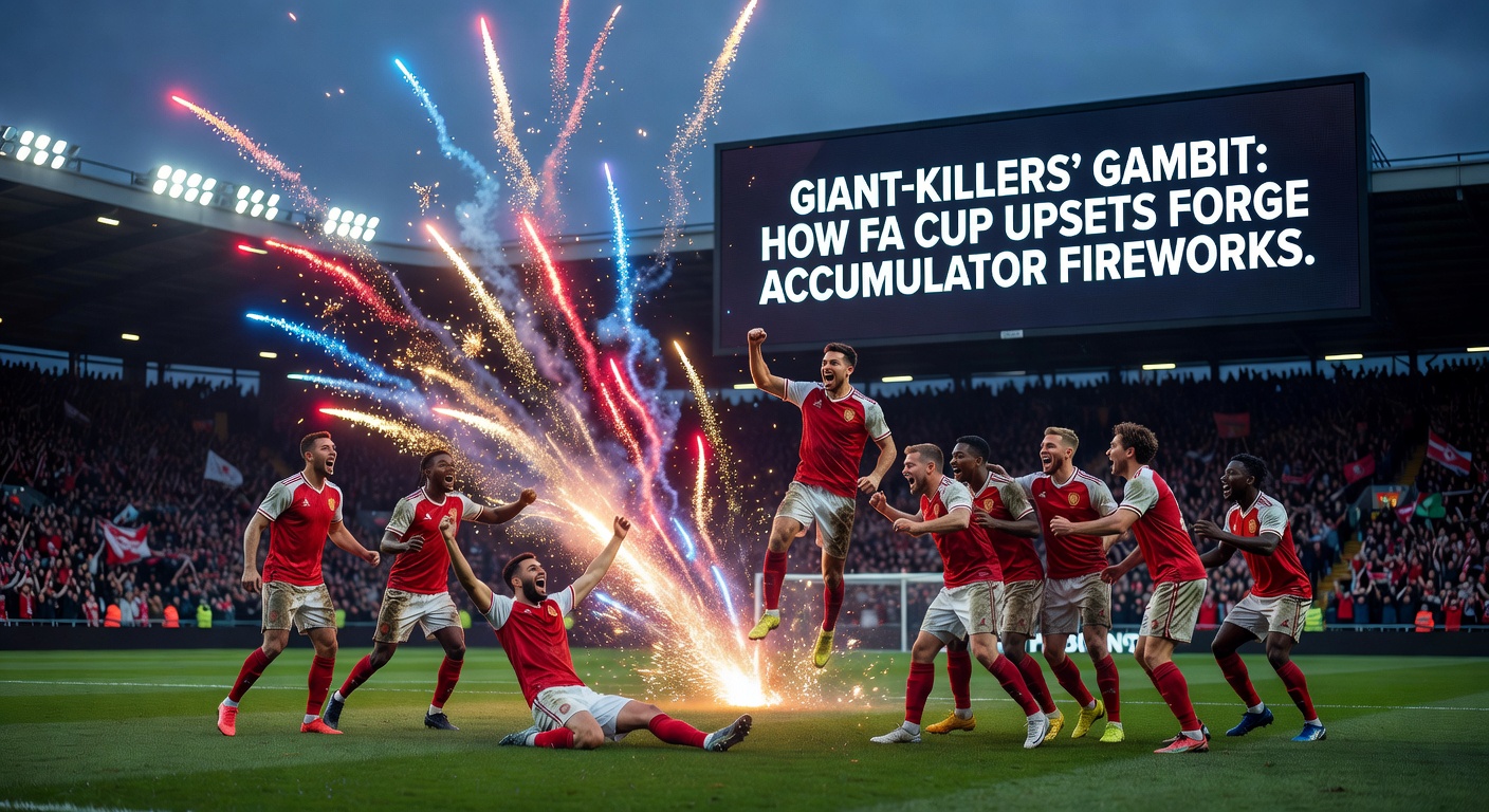 Close-up of jubilant non-league players lifting the FA Cup in a historic upset victory, fans storming the pitch in background