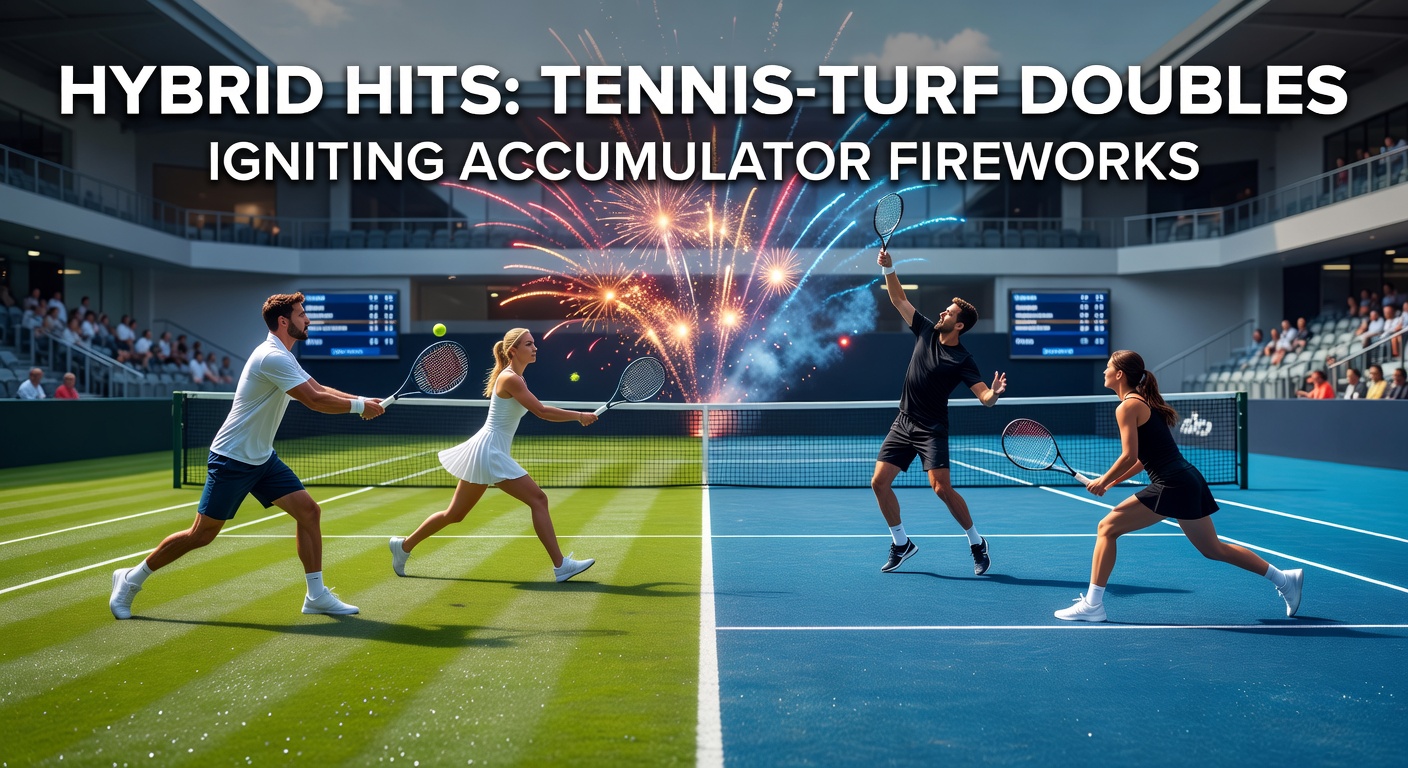 Tennis players in doubles action on grass court alongside horse racing on turf track, symbolizing hybrid betting opportunities