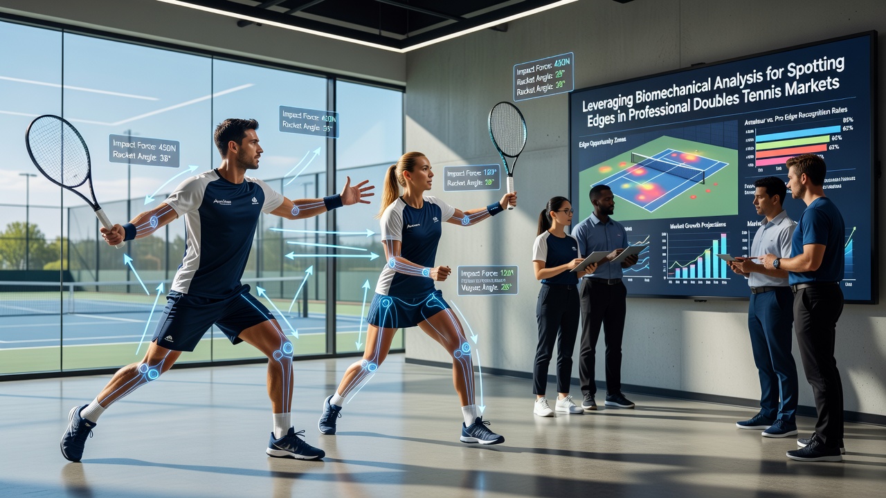 Detailed biomechanical data visualization showing joint angles and force vectors in tennis doubles play