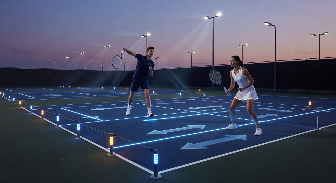 Twilight light patterns casting long shadows across a tennis court during an evening match, illustrating visibility changes that influence player performance and betting decisions