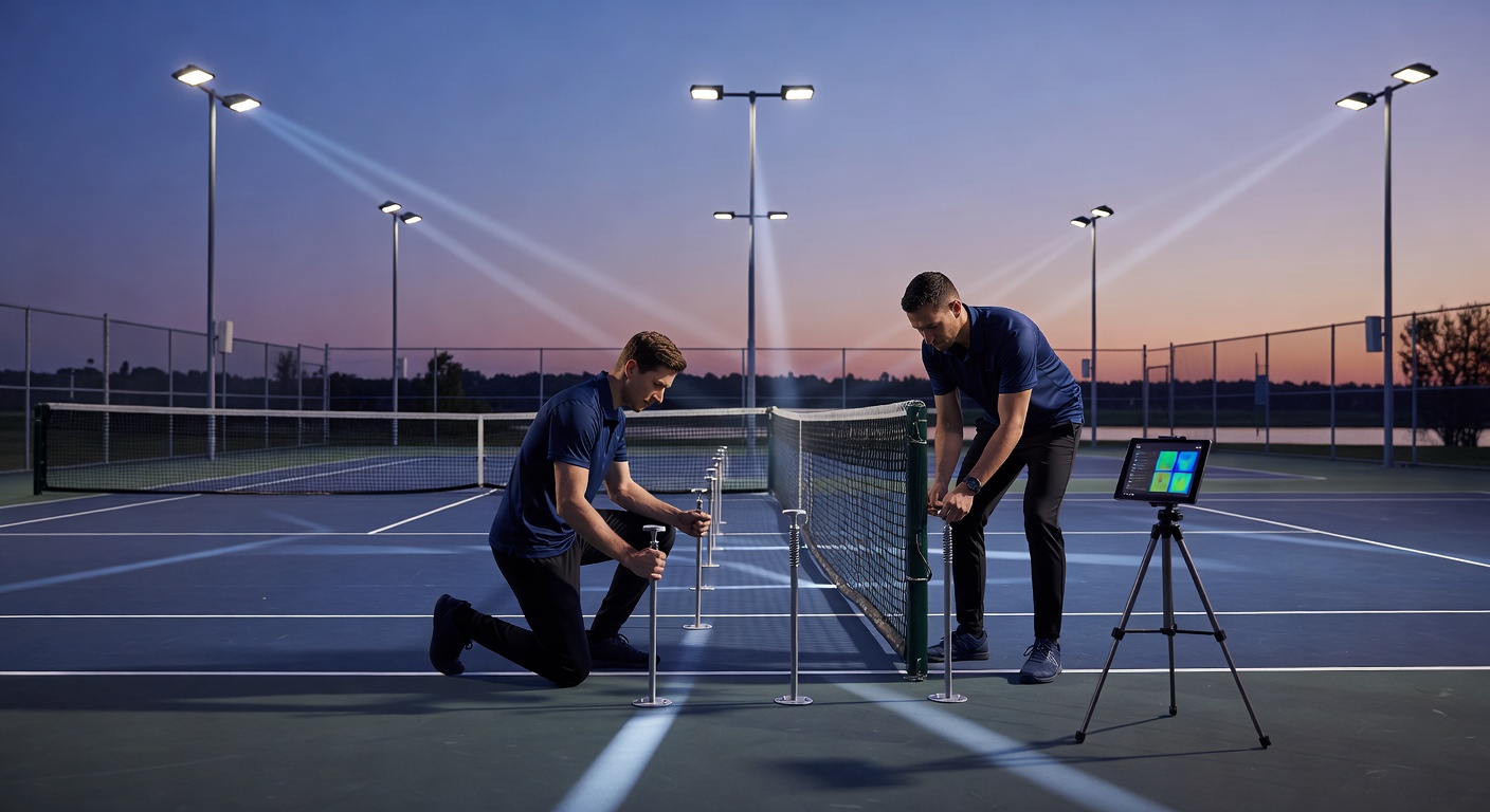 Close-up view of tennis players adjusting to changing light conditions on court as twilight deepens, highlighting shadows and visibility factors relevant to match analysis