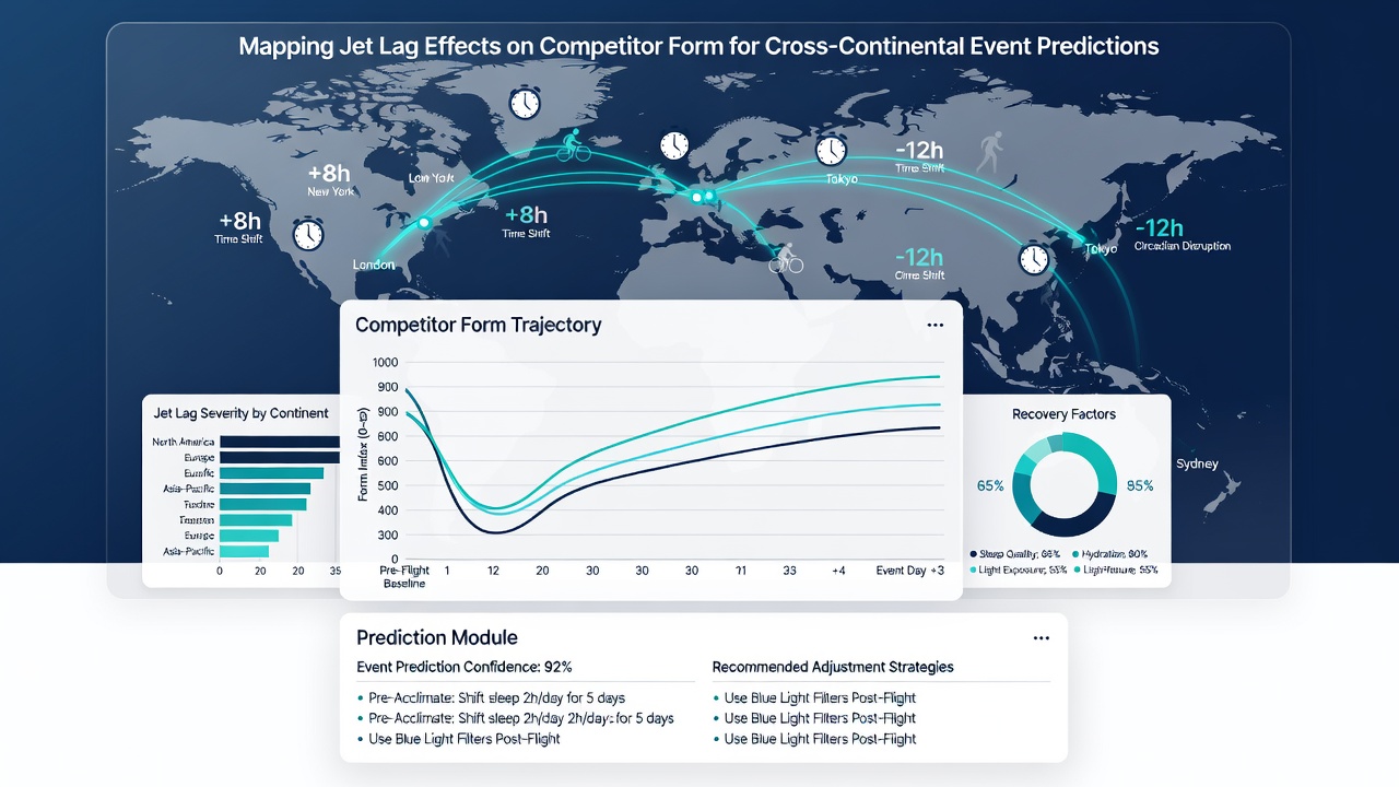 Data visualization charts showing jet lag recovery timelines for athletes in different time zones
