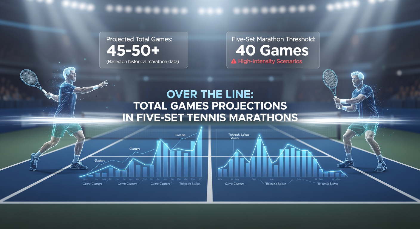 Graph showing total games distribution in historic five-set Grand Slam matches, highlighting over/under lines