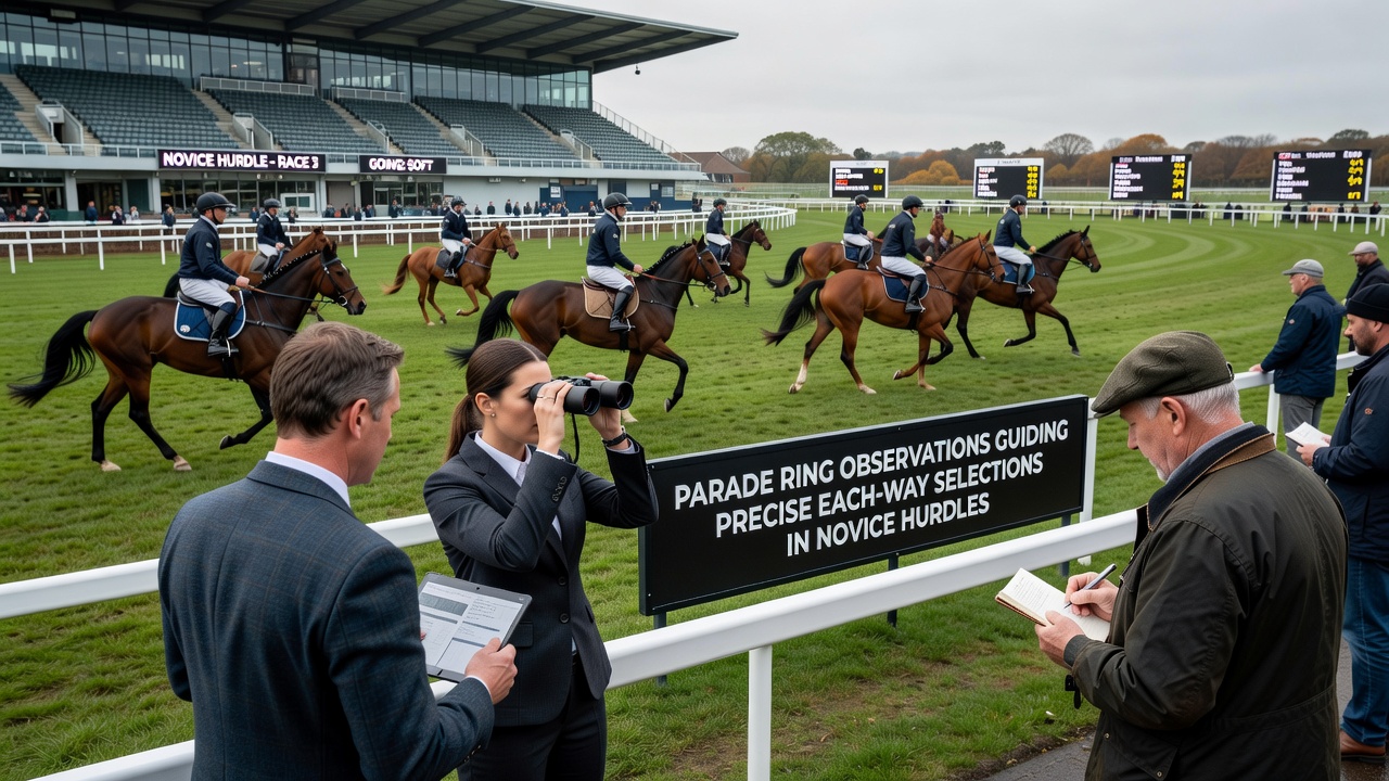 Close-up of a novice hurdler being led in the parade ring with focus on posture and handler cues