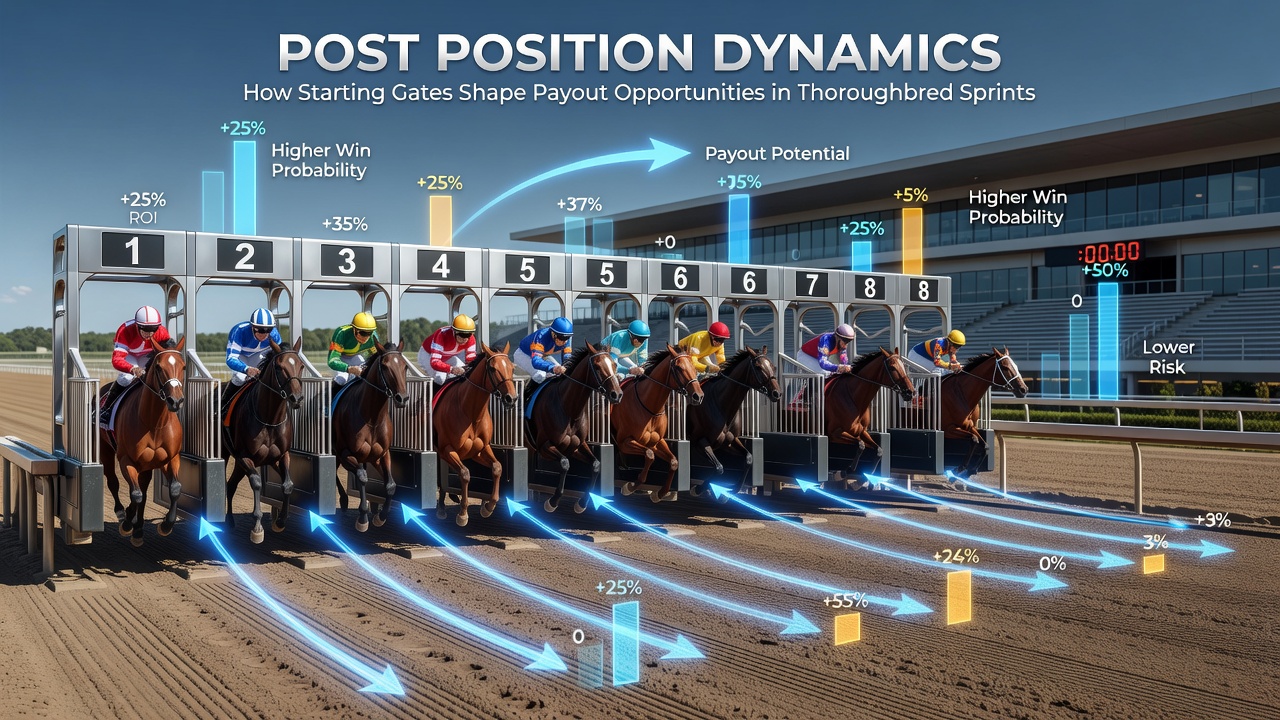 Close-up of thoroughbreds breaking from starting gates in a high-speed sprint with dust rising from the track