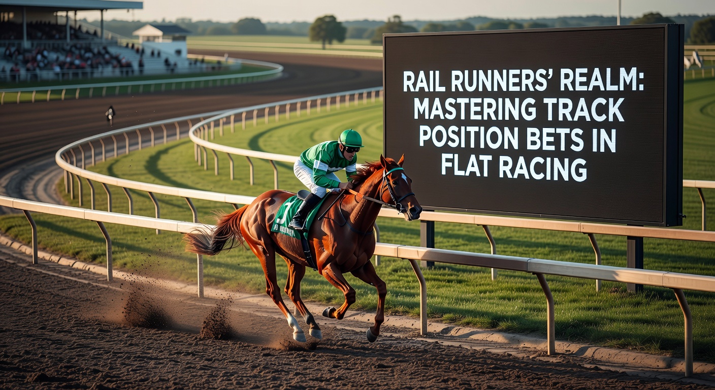 A horse hugging the rail tightly during a flat racing sprint, demonstrating prime track position advantage on a turf course