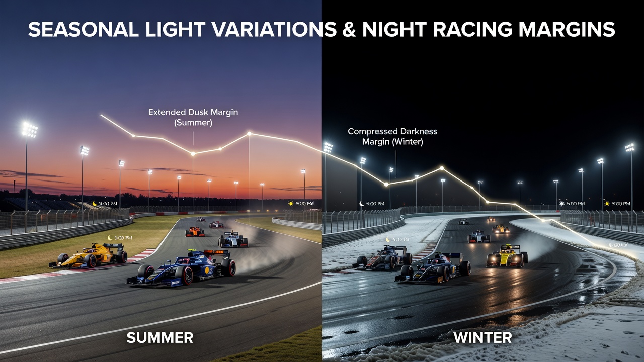 Night racing track under varying seasonal light conditions showing illuminated course and surrounding environment