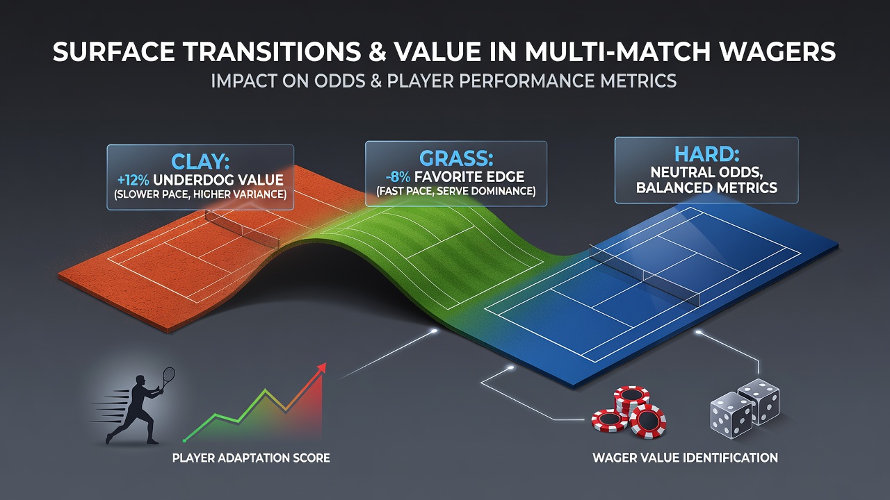 Diagram illustrating tennis court surface transitions from grass to clay with player movement patterns