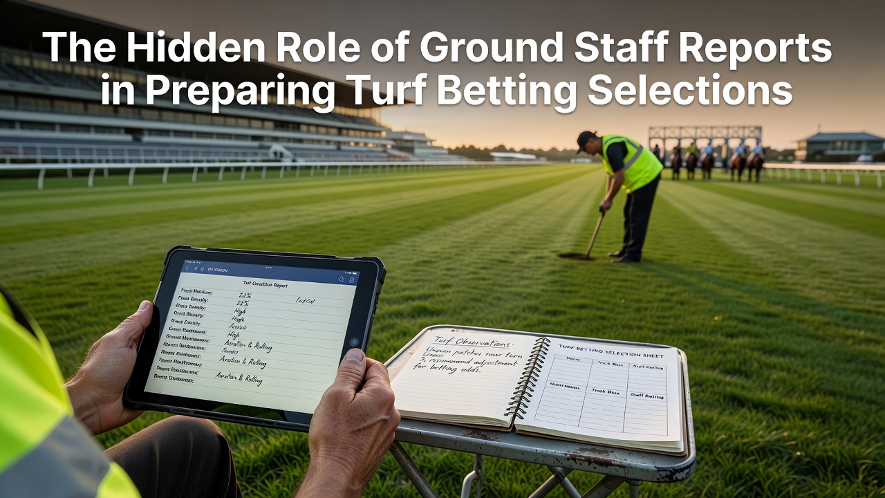 Ground staff inspecting turf conditions at a racecourse ahead of selections