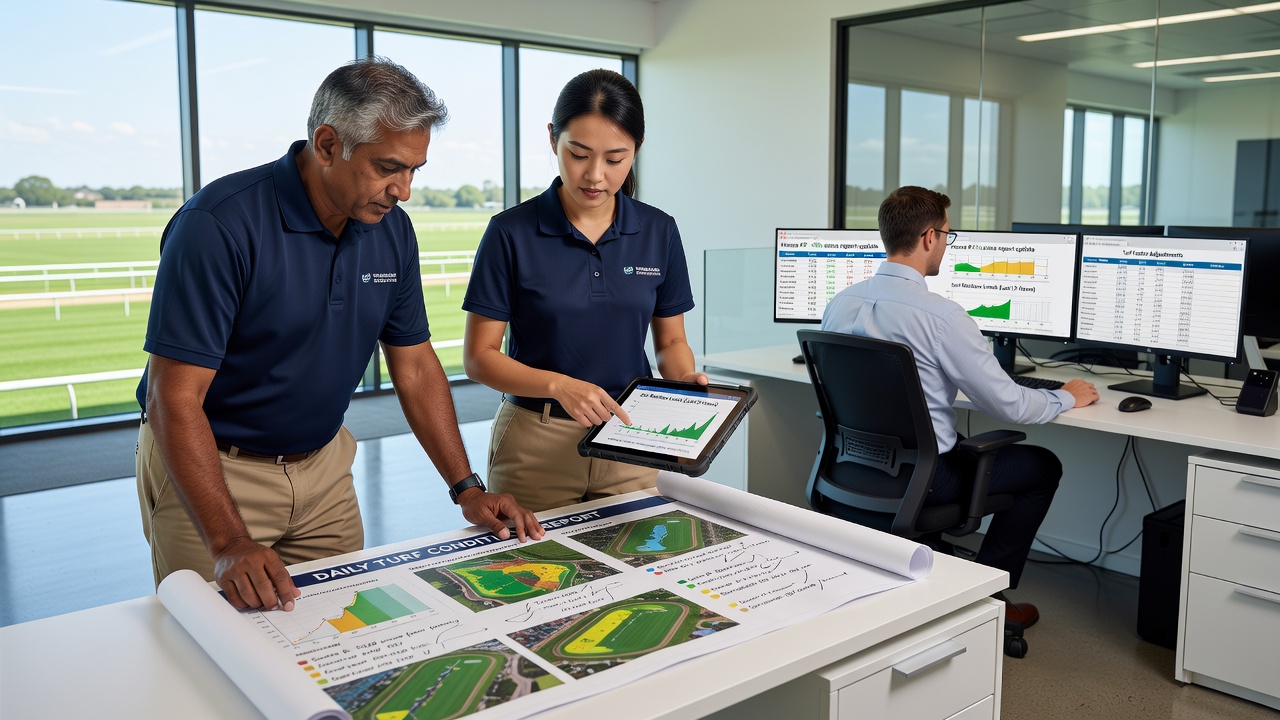 Detailed ground staff report showing turf measurements and condition ratings