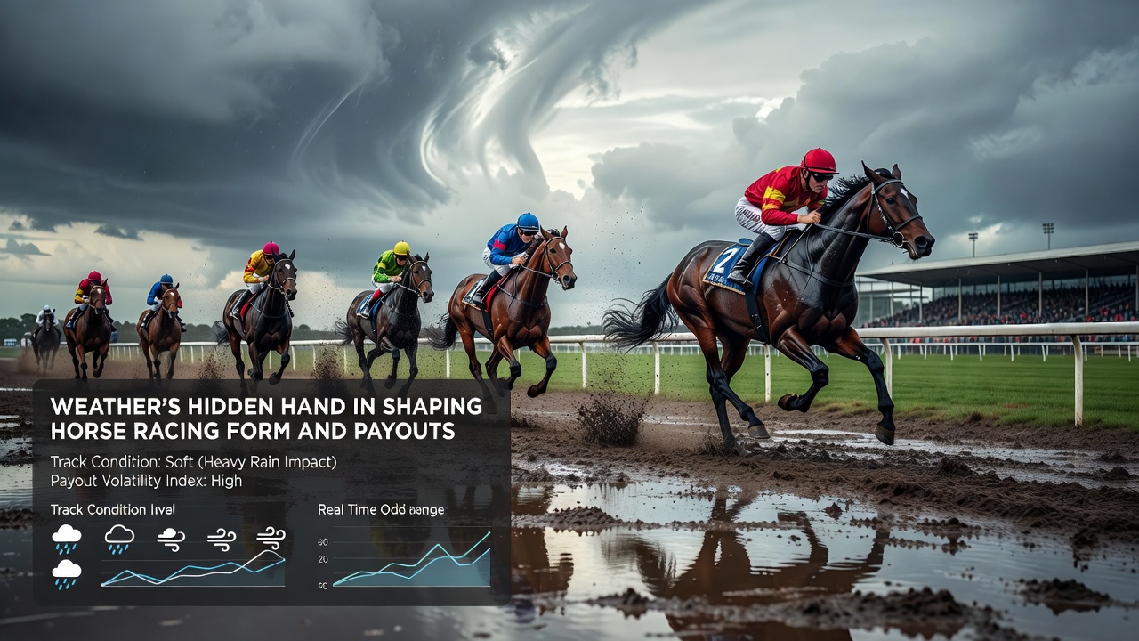 Jockeys navigating a rain-affected racetrack with visible surface changes