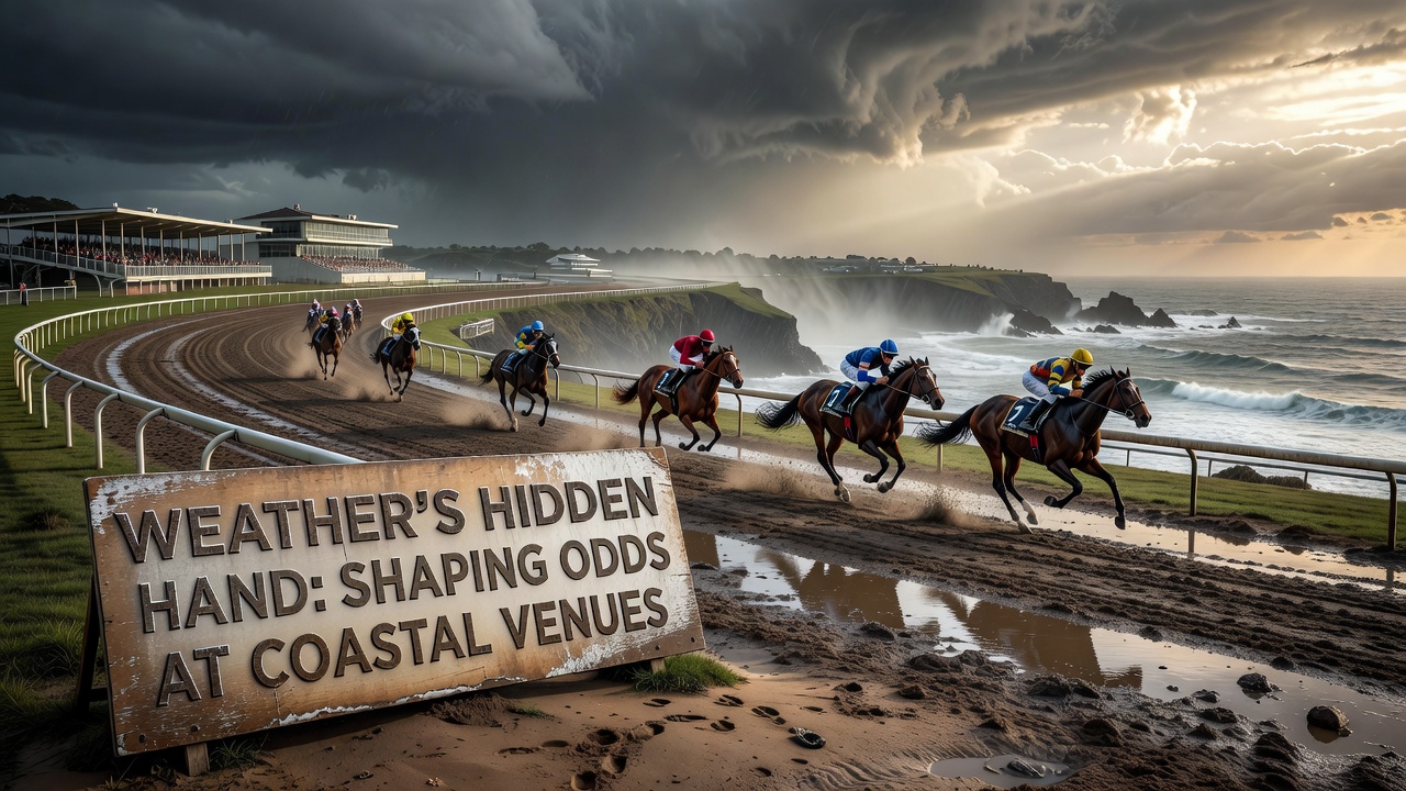 Coastal racetrack with horses running under windy conditions near the sea