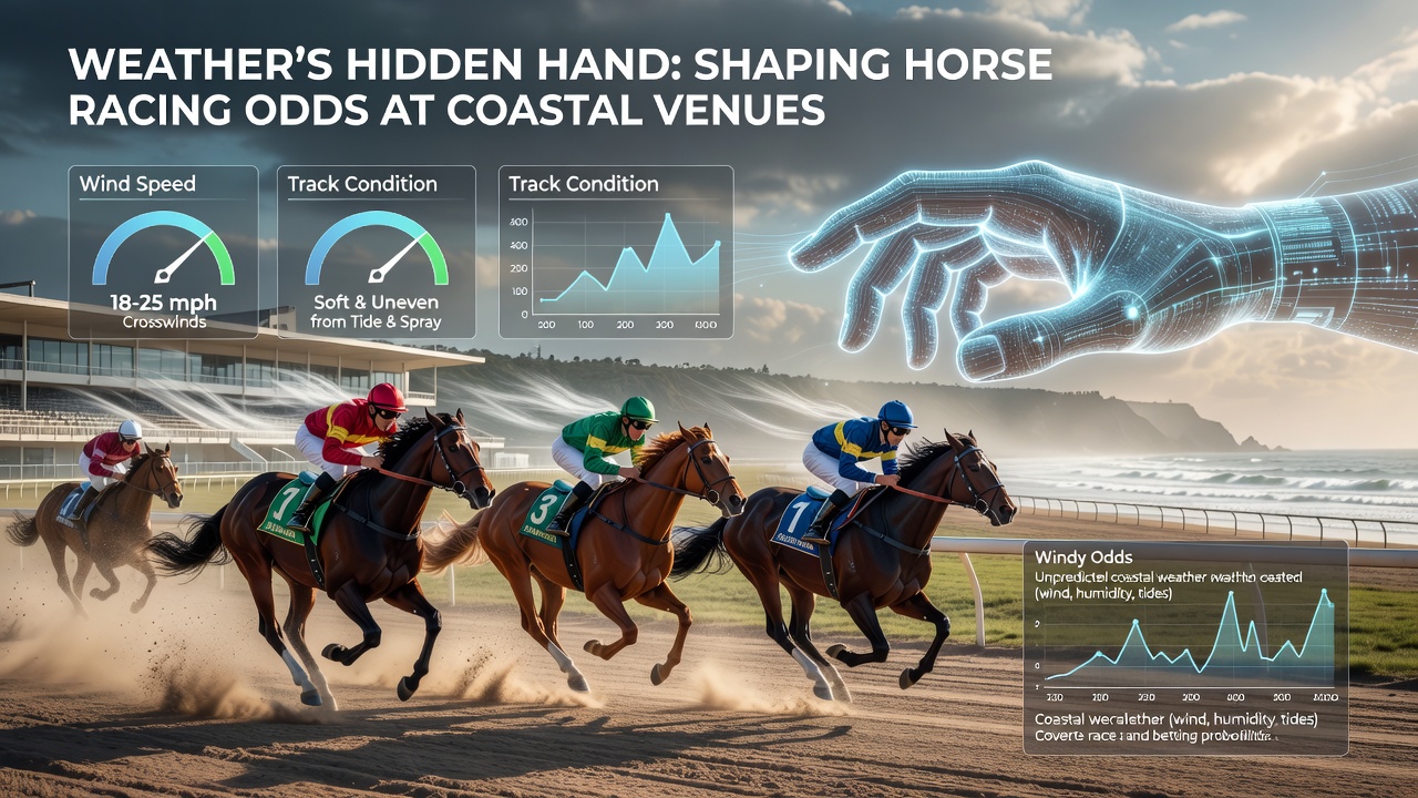 Jockeys and horses navigating a rain-affected coastal track under overcast skies